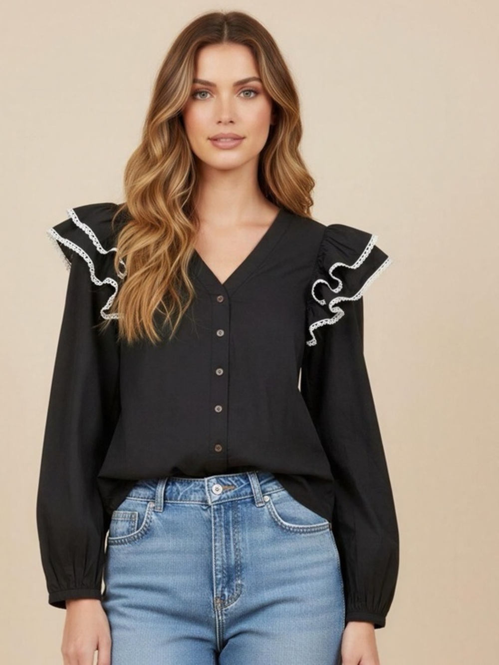 Ruffled Lace-Trim Black Button-Front Women's Blouse